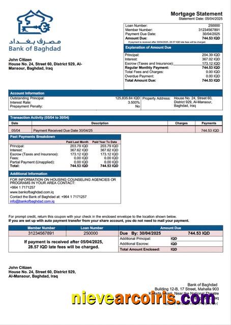 Iraq Bank of Baghdad mortgage statement Word and PDF template
